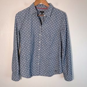 Talbots Polka Dot Chambray Button Up Long Sleeve Button Down Top Size 8